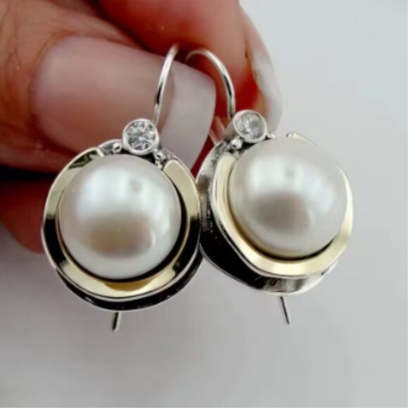 Silver & Gold Plated Faux Pearl Hook Earrings with small Rhinestone *NEW* - Picture 1 of 1